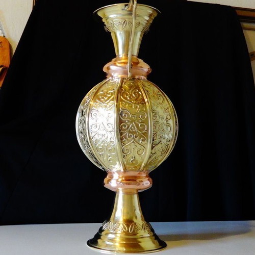 Antique copper amphora like new, handcrafted with relief ornaments