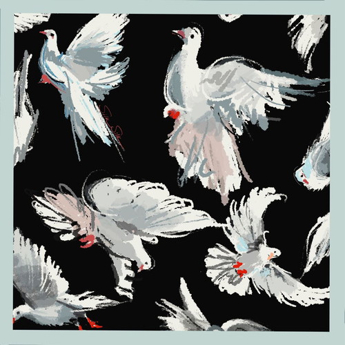 Pigeon Scarf new, silk satin, 90x90 cm