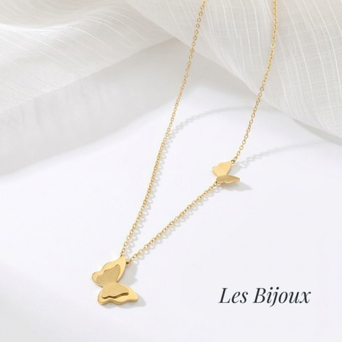 Necklace with Double Butterfly Design in Gold Stainless Steel New