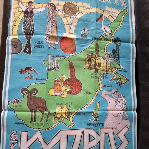 Cyprus souvenir tea towel new, vintage Ayia Napa design