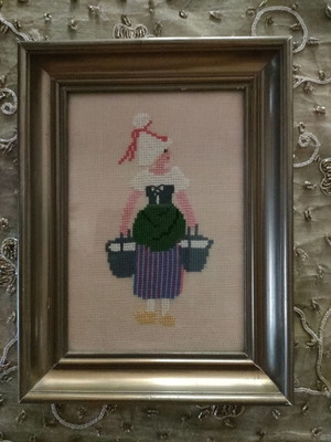 Vintage embroidered framed artwork used, 16x20 cm