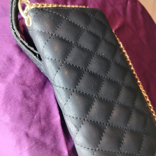 Quilted leather handbag purse used, black with gold details