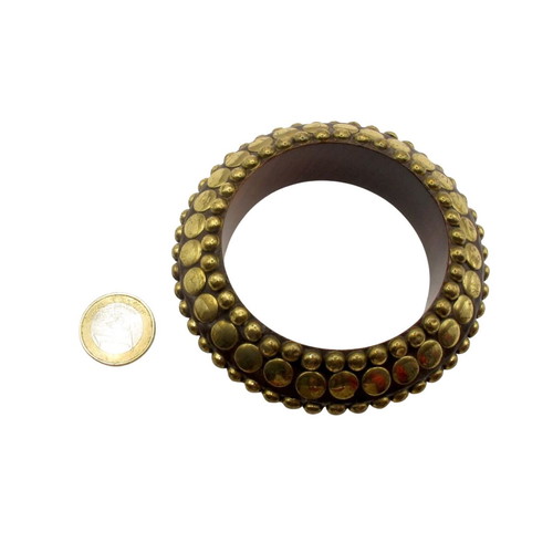 Vintage wooden bracelet with brass metal caps boho style like new