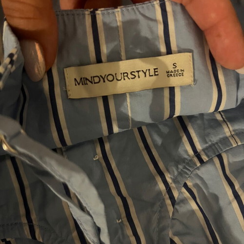 MYS top in blue with navy and white vertical stripes, like new