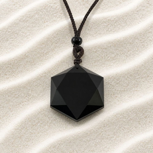 Handmade obsidian necklace with cord new, black
