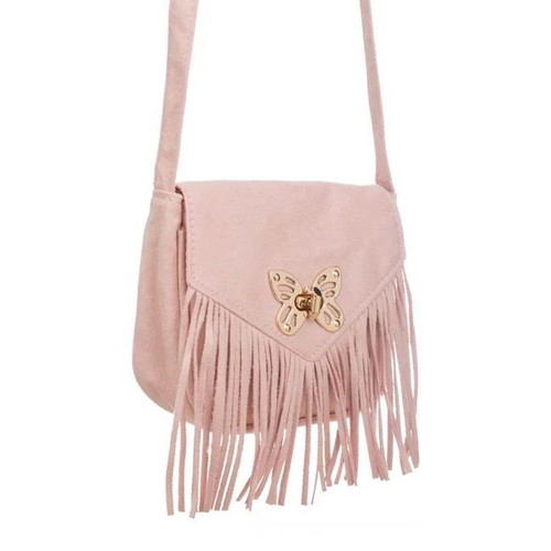 Children's pink suede bag with butterfly and fringes, new