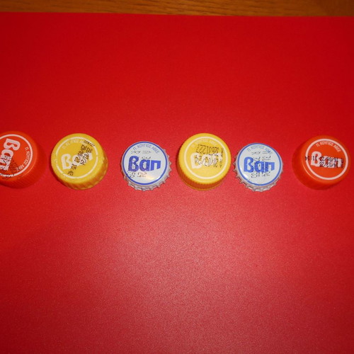 VAP soft drink labels and caps used, set of 13 pieces