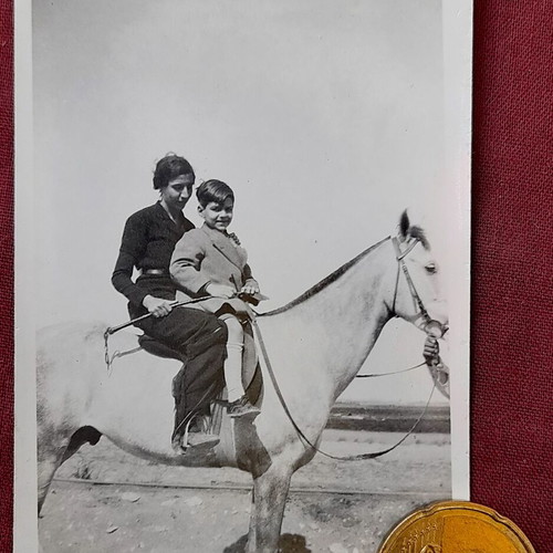 Vintage black and white photo of woman and child on horse like new