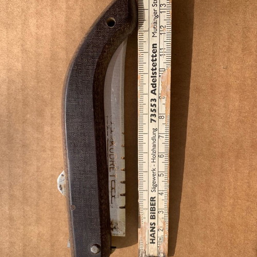 Large handmade folding knife with engraved name used