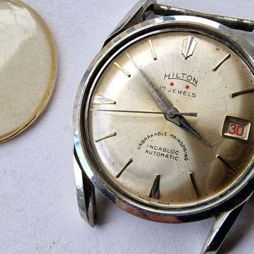 Hilton automatic watch steel 34 mm used, needs service and glass replacement
