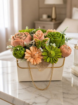 Decorative bag with golden chain and soy wax aromatic flowers