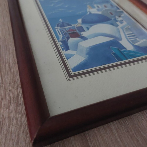Decorative frame with glass used, Greek island depiction
