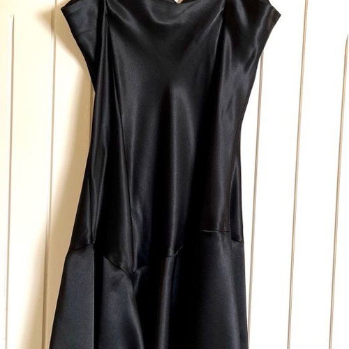 Satin dress asymmetrical used, black with flower detail