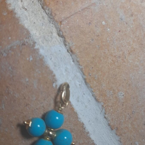 Handmade yellow gold cross pendant with turquoise 14k like new