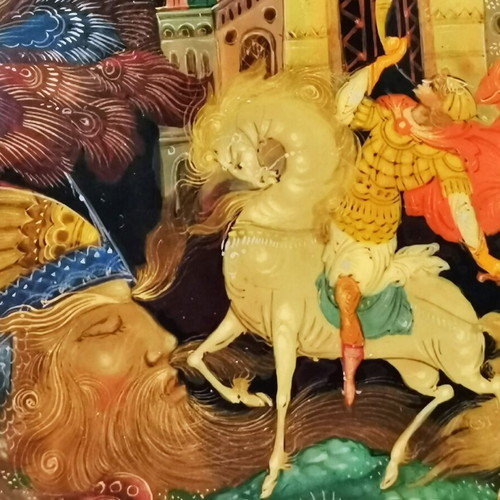 Russian lacquer box used with hand-painted Ruslan and Ludmila design