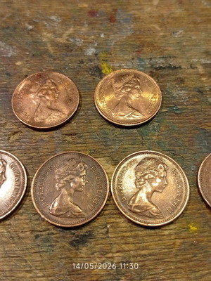 Six British one penny coins used, 1971-1973, copper