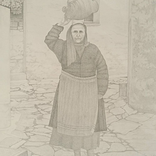 Pencil drawing of folkloric woman in traditional costume used