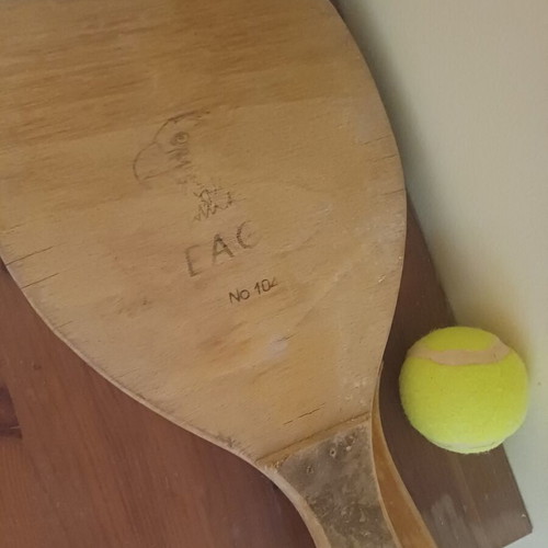 Vintage wooden beach rackets set of 3 with tennis ball, Eagle No 104 & Dolphin