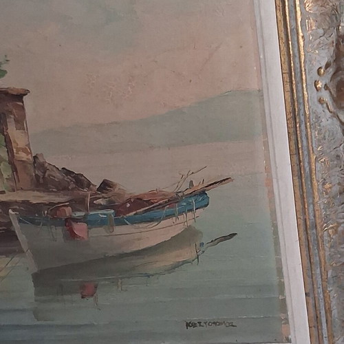 Kostopoulos Old Greek Seascape Oil Painting on Canvas with Embossed Frame