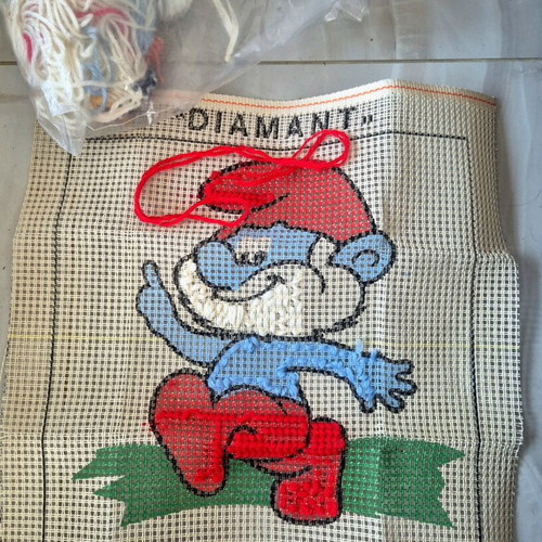 Smurf embroidery pillow used, large 80s craft kit