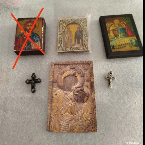 Pack of used old religious icons and crosses with Mount Athos photo