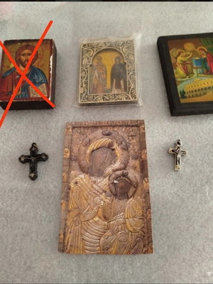 Pack of used old religious icons and crosses with Mount Athos photo