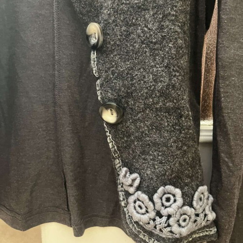Boho asymmetrical Zuiki cardigan used, charcoal black, floral details
