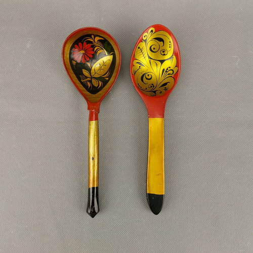 Old Hand-Painted Set of Two Russian Khokhloma Wooden Spoons Used