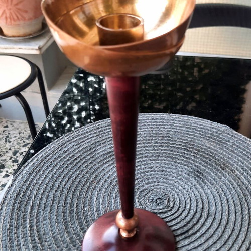 Vintage brass candlestick 20cm with burgundy enamel, excellent condition