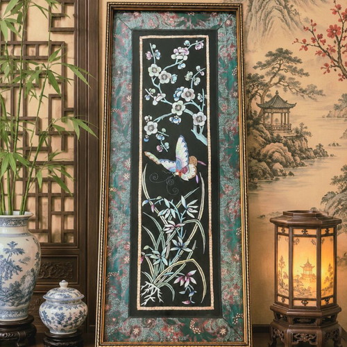 Vintage Chinese Silk Embroidery Panel with Wooden Frame