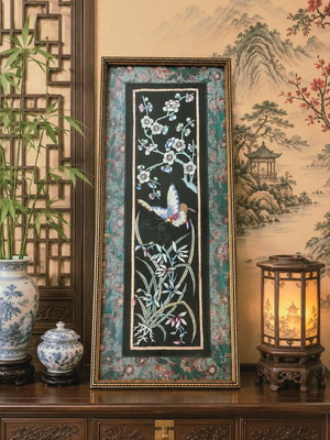 Vintage Chinese Silk Embroidery Panel with Wooden Frame