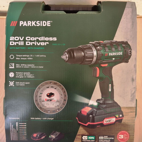 PARKSIDE PABS 20-Li G8 20V Cordless Drill with Bits and Tips
