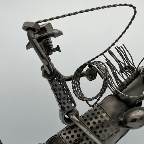 Handmade Industrial Metal Sculpture "Cowboy with Lasso on Horse"