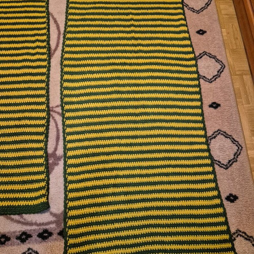 Handmade wool knitted rugs green and mustard, like new, set of 2