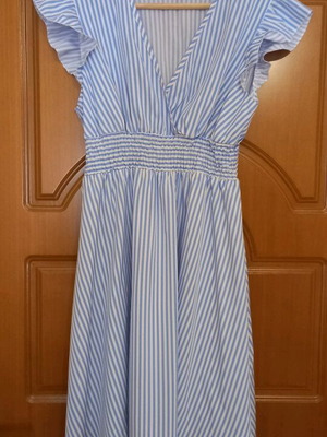 Shein striped dress with wrap bust like new, white and blue