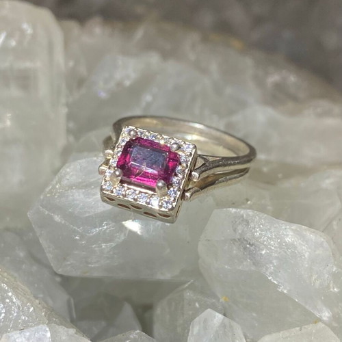 Handmade silver double-sided ring with natural indicolite, pink tourmaline & moissanite, new