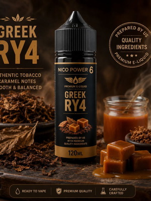 Greek RY4 120ml e-liquid with Nico Power 6, classic tobacco caramel flavor