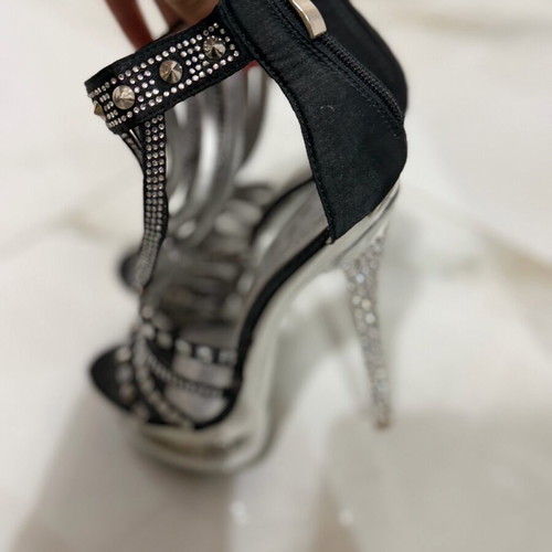 Black Belle Woman sandal used with silver rhinestones, 12 cm heel