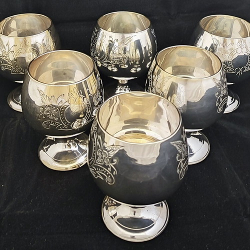 Brandy Goblets vintage set of 6 with handmade floral engravings EPNS