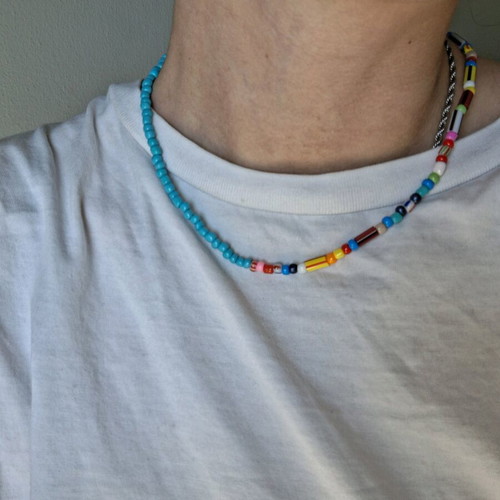 Handmade necklace with turquoise and multicolor beads on elastic cord made to order