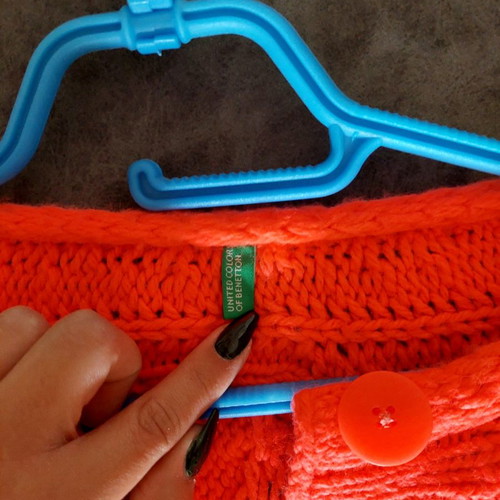 Benetton knitted kids cardigan used, bright coral, size 158 cm