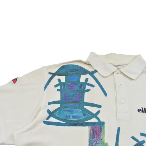 Ellesse vintage art print polo shirt 90s white blue, used, size L
