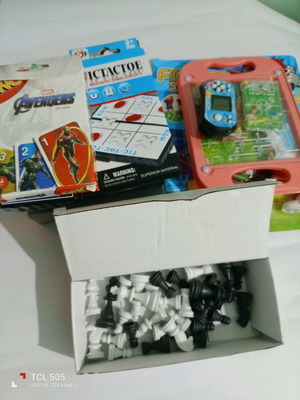 Board games and chess pieces used, various types