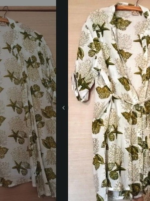 Kimono shirt dress with green sea motif, new, sizes M to XL