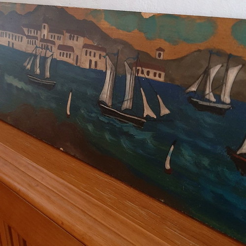 Artwork used with sea, ships and harbor image on wooden board