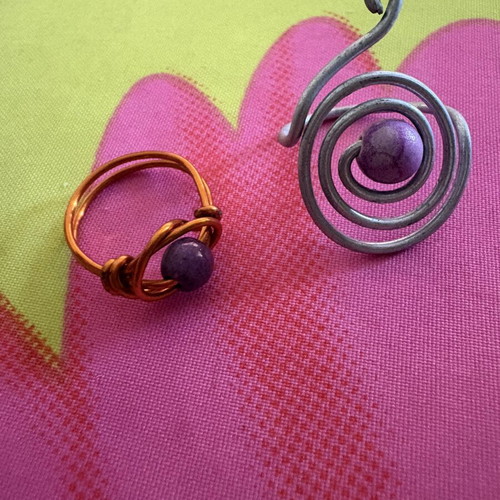 Wire-Wrapped Jewelry Set with Purple Beads, Ring and Ear Cuff