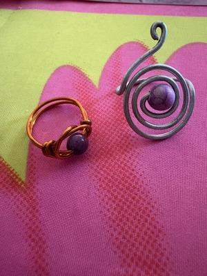 Wire-Wrapped Jewelry Set with Purple Beads, Ring and Ear Cuff