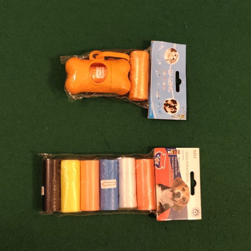 Dog poop bag dispenser set with refill rolls, orange and multicolor