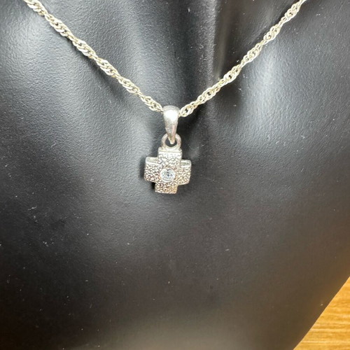 Silver necklace with pendant cross and decorative stone like new
