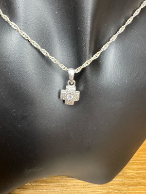 Silver necklace with pendant cross and decorative stone like new